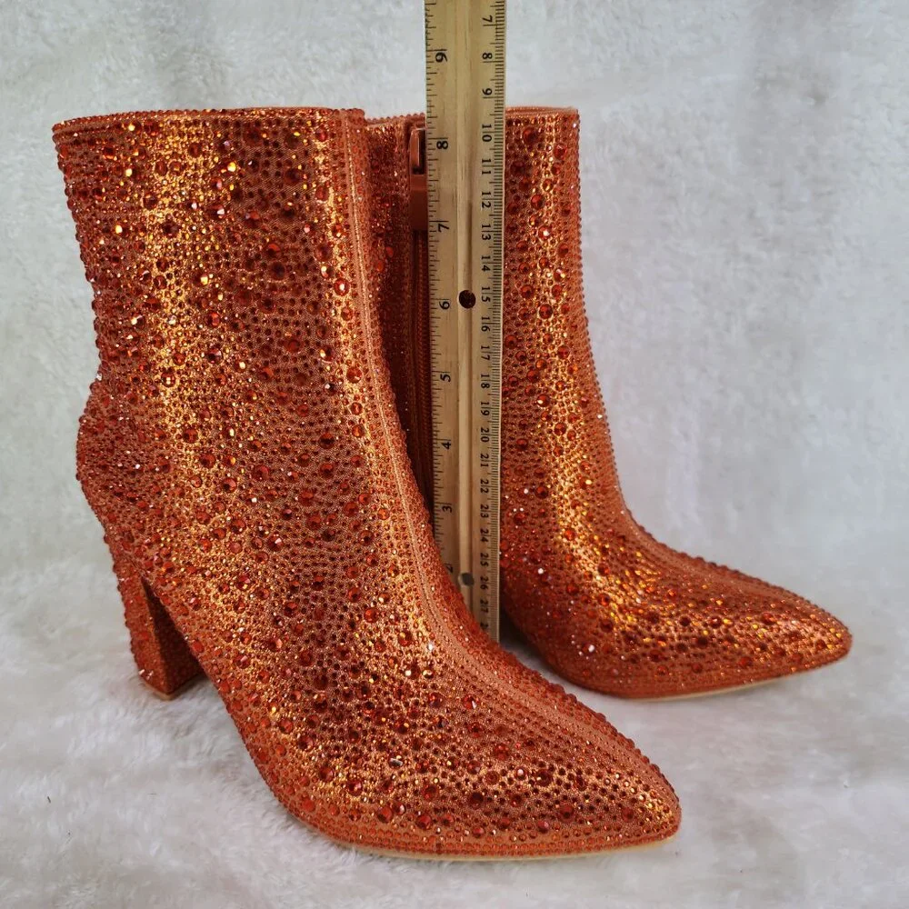 RESTOCKED! Metallic Orange Rhinestone Ankle Boots with 3" Block Heel - Picture 4 of 8
